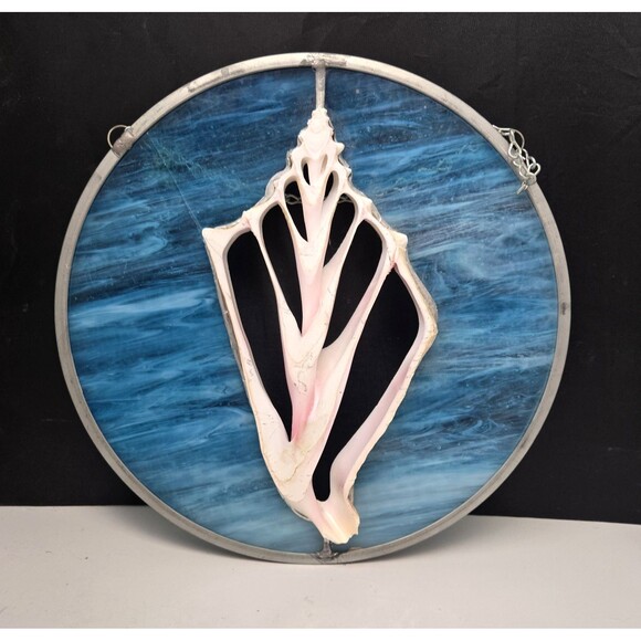 Vintage Stained Glass With Conch Shell Cutout 3D Hanging Hand Crafted Art 11.5" - Picture 2 of 15